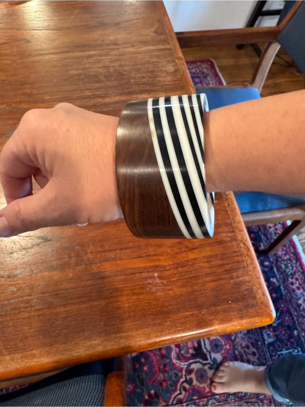 Wide Wood and Black-White Stripe Bangle Bracelet with resin